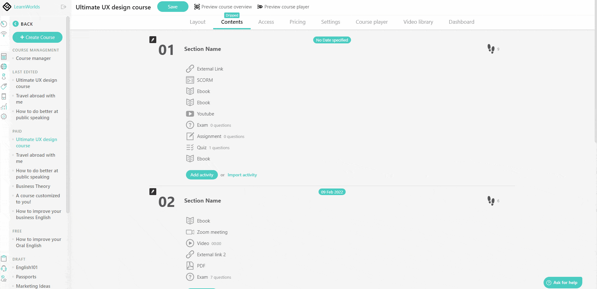 a screenshot of the LearnWorlds platform showing the eBook learning activity