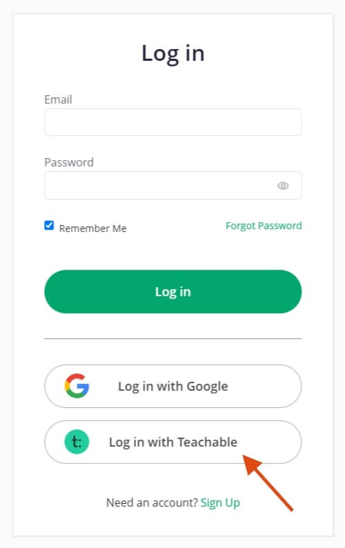 A screenshot showing Teachable's login option for a user when accessing an online academy.