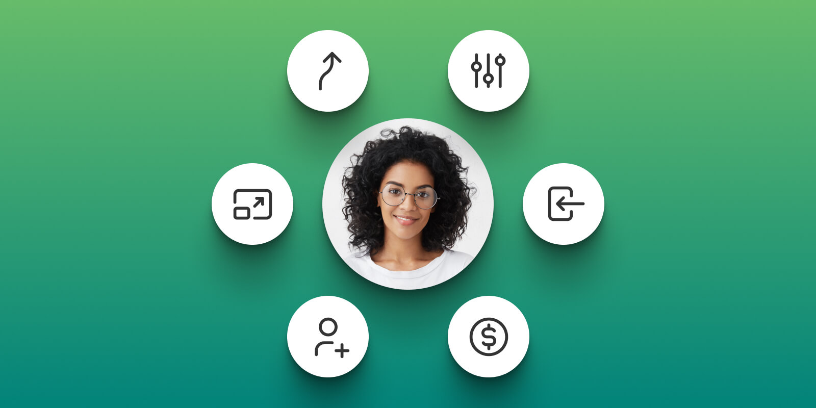 An image showing the face of a woman in the center and other six circles that represent the elements of self-paced learning.