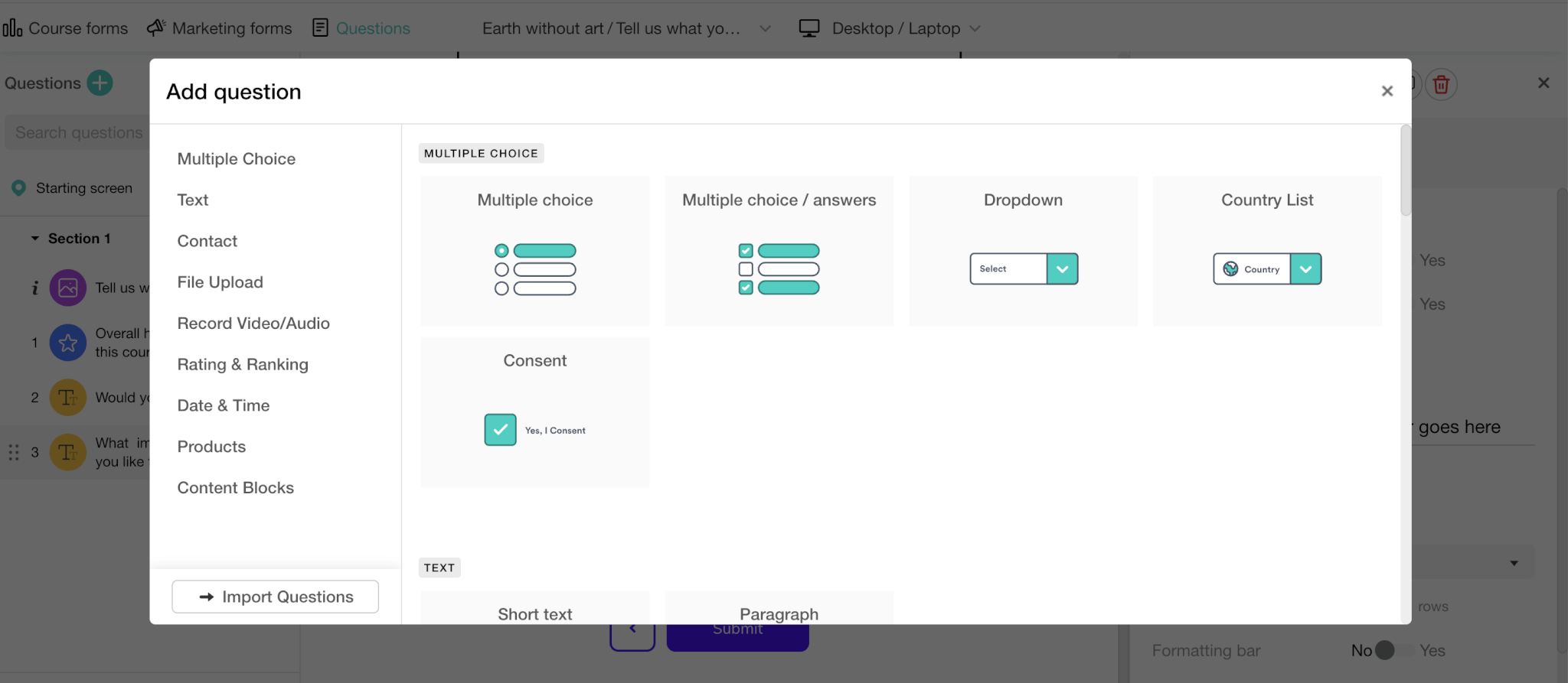 a screenshot of the Form builder in LearnWorlds, showing available question options