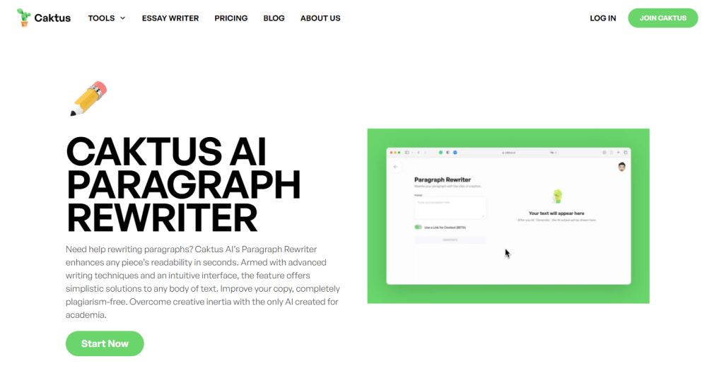 A screenshot showing the top element of Caktus' Paragraph Rewriter website.