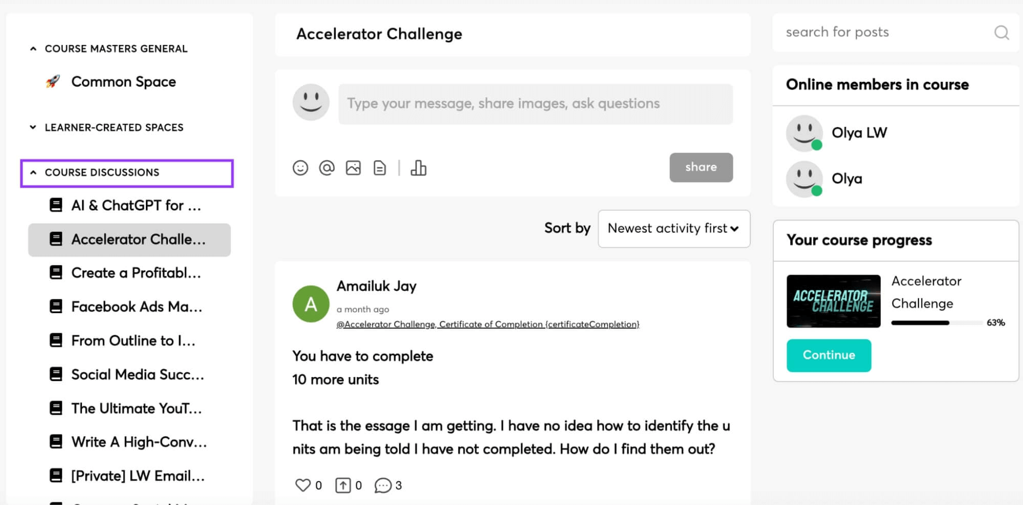 A screenshot showing LearnWorlds' community page that features the course discussions inside the Accelerator Challenge program.