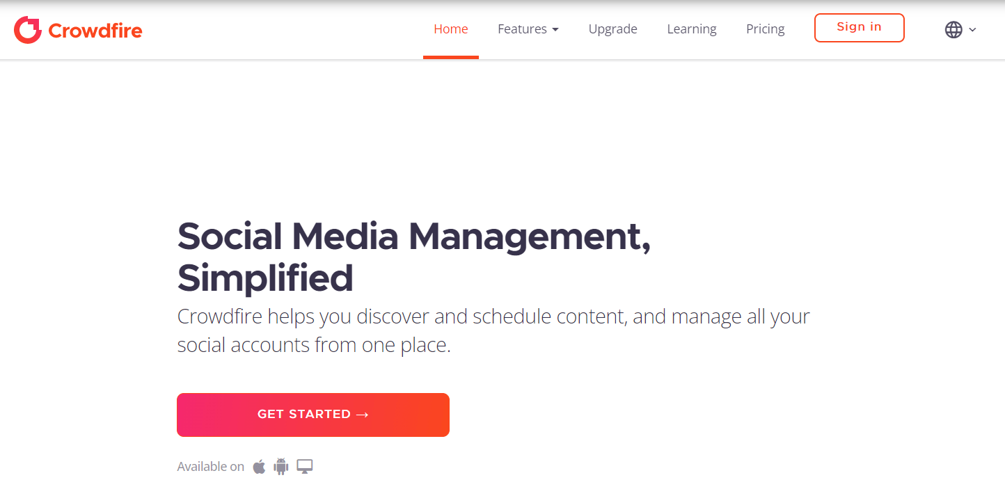 A screenshot of Crowdfire's website.