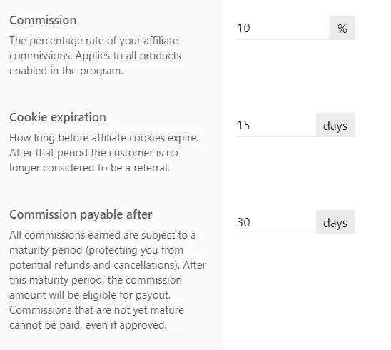 How the advanced settings on affiliate management on LearnWorlds look like.