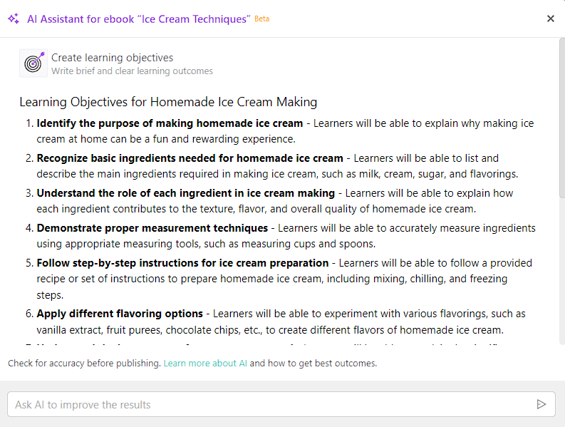 Example of learning objectives created with AI for an Ice Cream Making course.