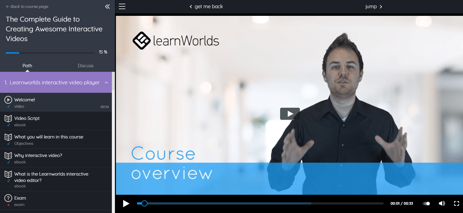 A screenshot showing LearnWorlds' modern course player in an example video course.