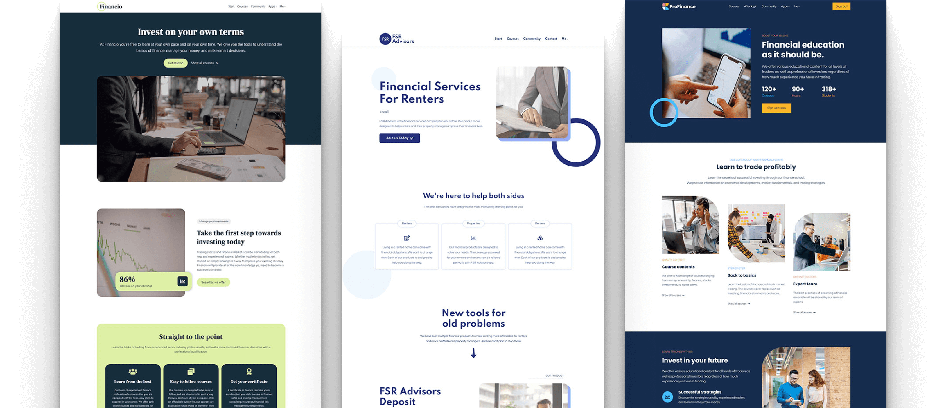 Showcasing the finance website templates of LearnWorlds. Selling financial services and online courses.