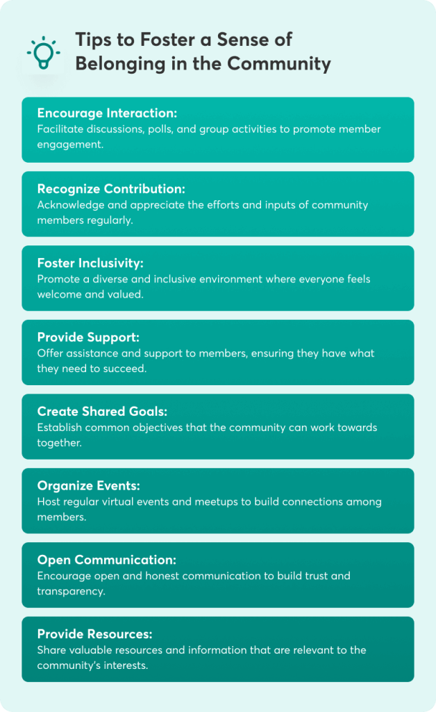 A graph showing tips on how to foster a sense of belonging inside a community.