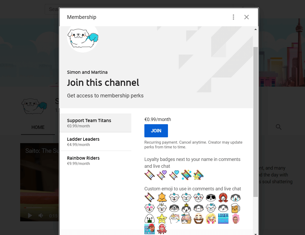 A screenshot showing the membership options on Simon and Martina's YouTube channel.