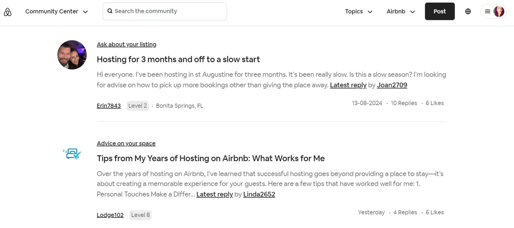 A screenshot of the Airbnb community featuring two different discussion threads from members.