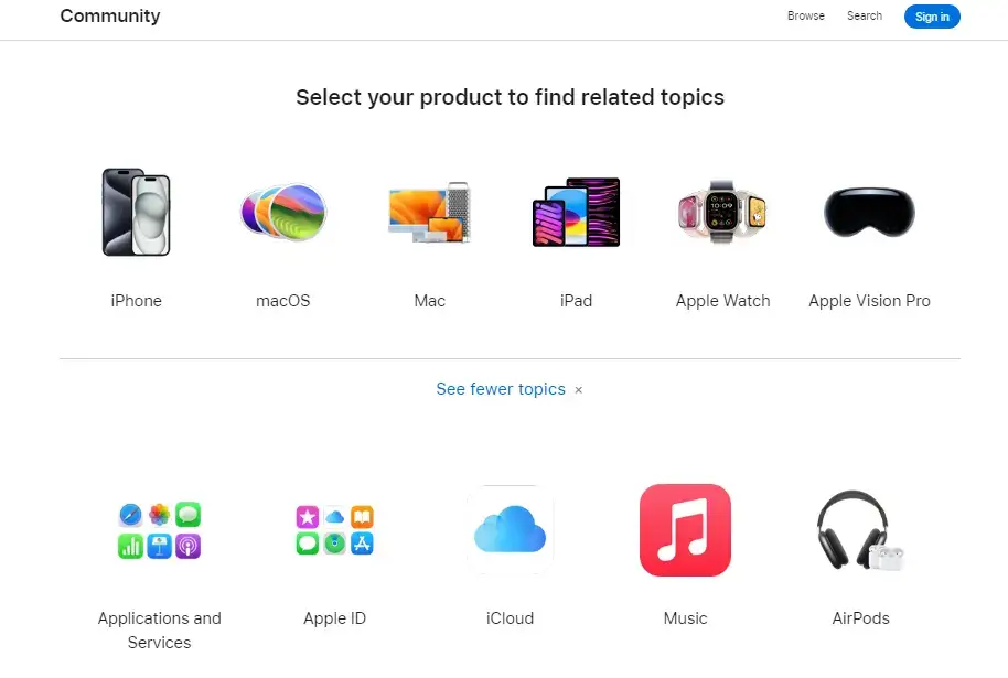 A screenshot of Apple products that members can select to get more support and information for.