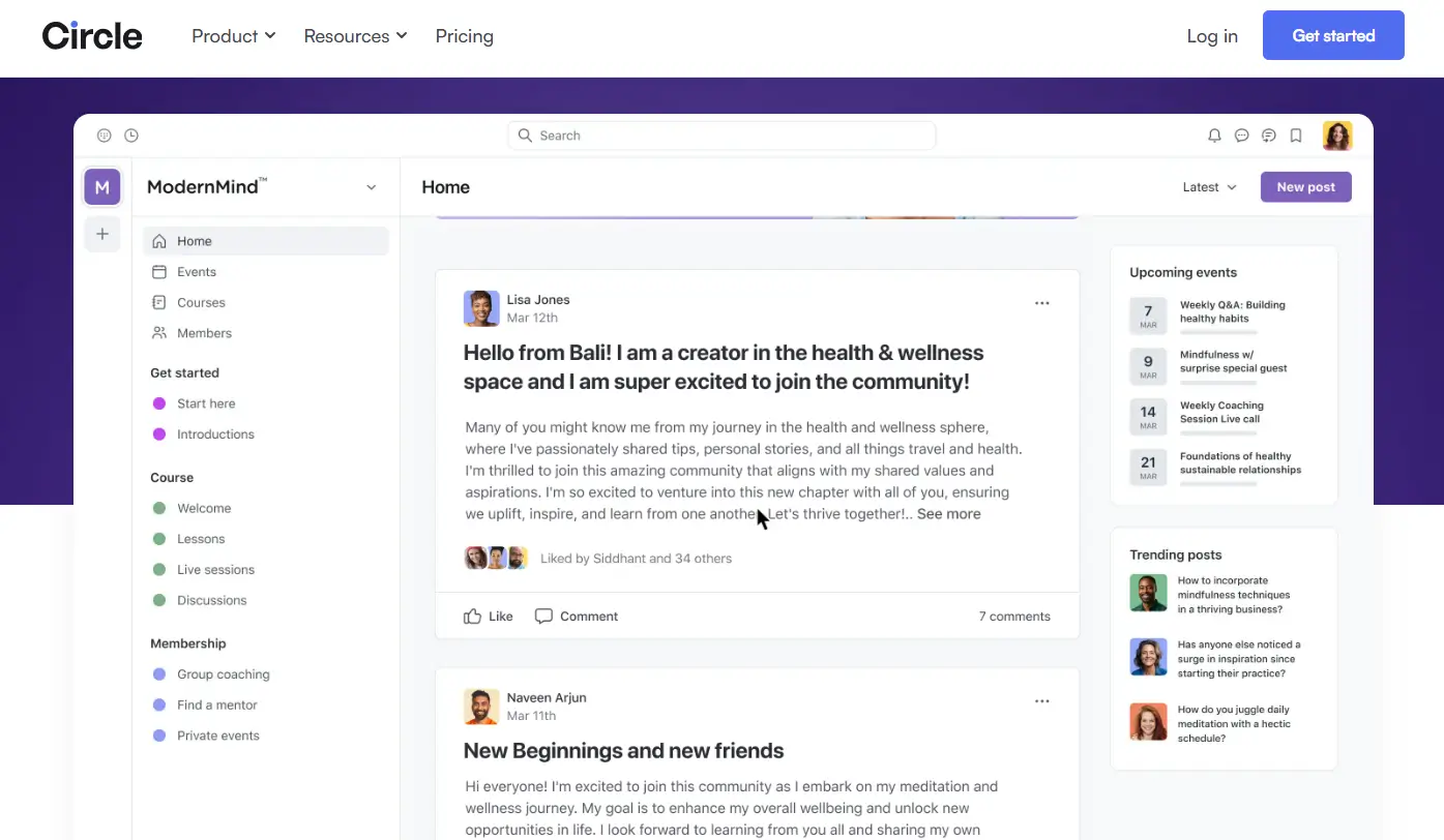 A screenshot of Circle's platform featuring its community page.