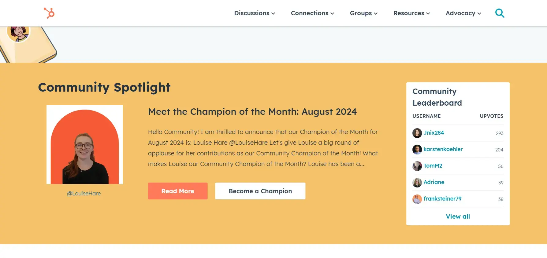 A screenshot of the HubSpot community page featuring the community champion of the month.