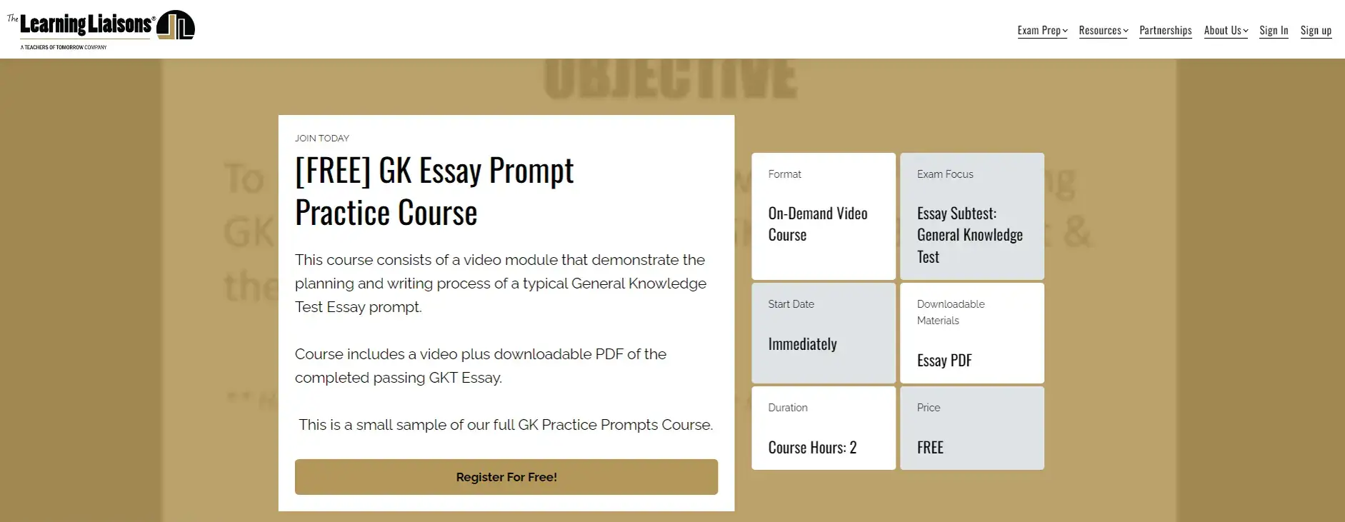 A screenshot showing a course example and its downloadable materials offered by the Learning Liaisons online academy.