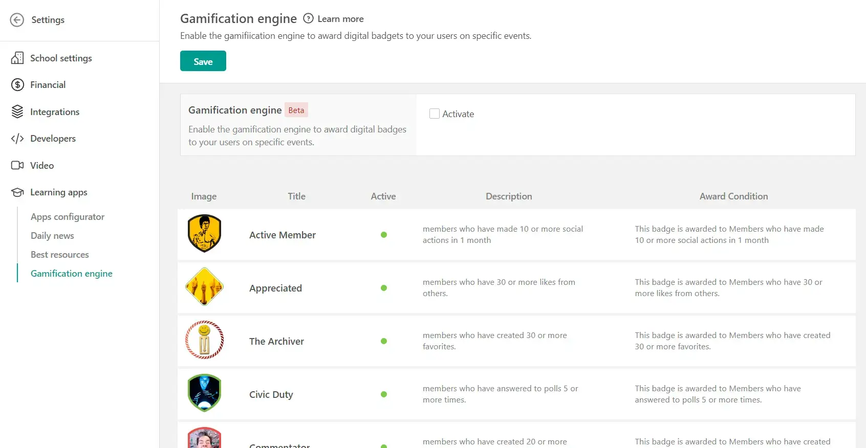 A screenshot of LearnWorlds' Gamification Badges.