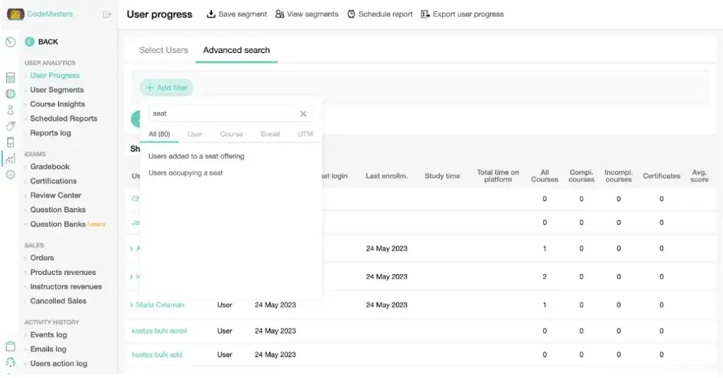 multiple seat offering user progress LearnWorlds